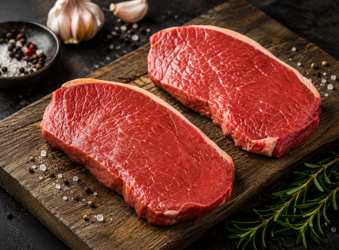 Premium British rump steak with natural marbling, ideal for frying or grilling
