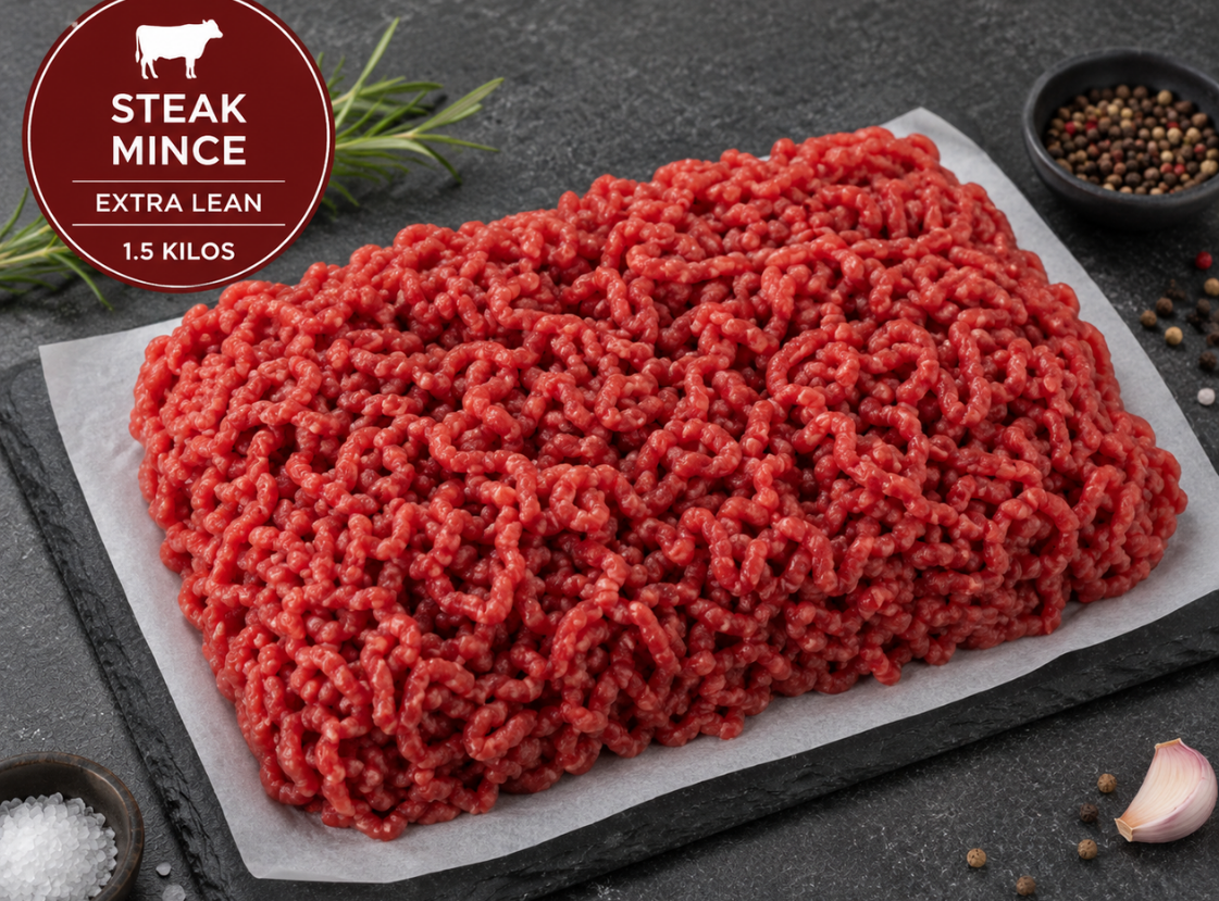 Fresh raw British steak mince arranged neatly on a tray ready for cooking.
