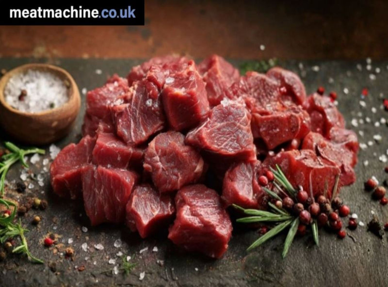 Premium British diced beef cubes ideal for stews, casseroles, and curries