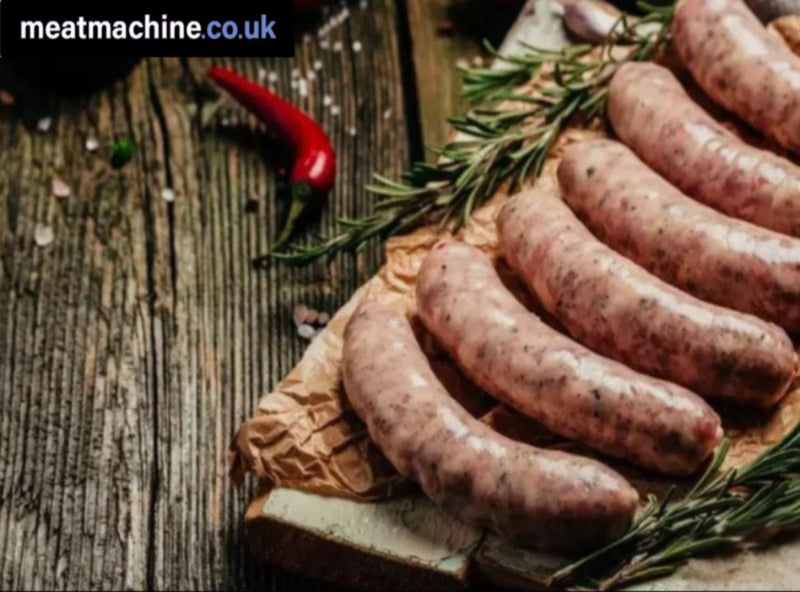 Welsh dragon pork sausages in tray with chilli and leek flavour.
