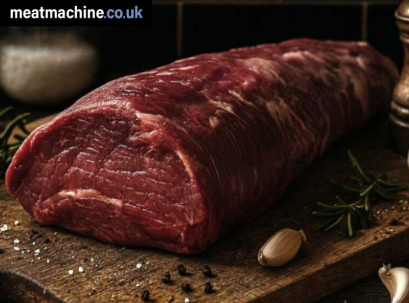 Raw beef on a wooden cutting board with spices and rosemary, from meatmachine.co.uk